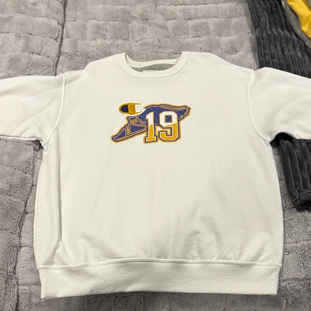 Champion White Crewneck Sweater with Blue and Yellow Logo